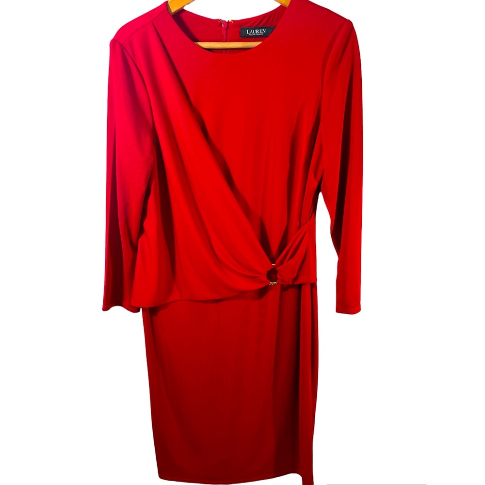 Lauren Ralph Lauren red wrap midi dress gold hardware size 14. career classic